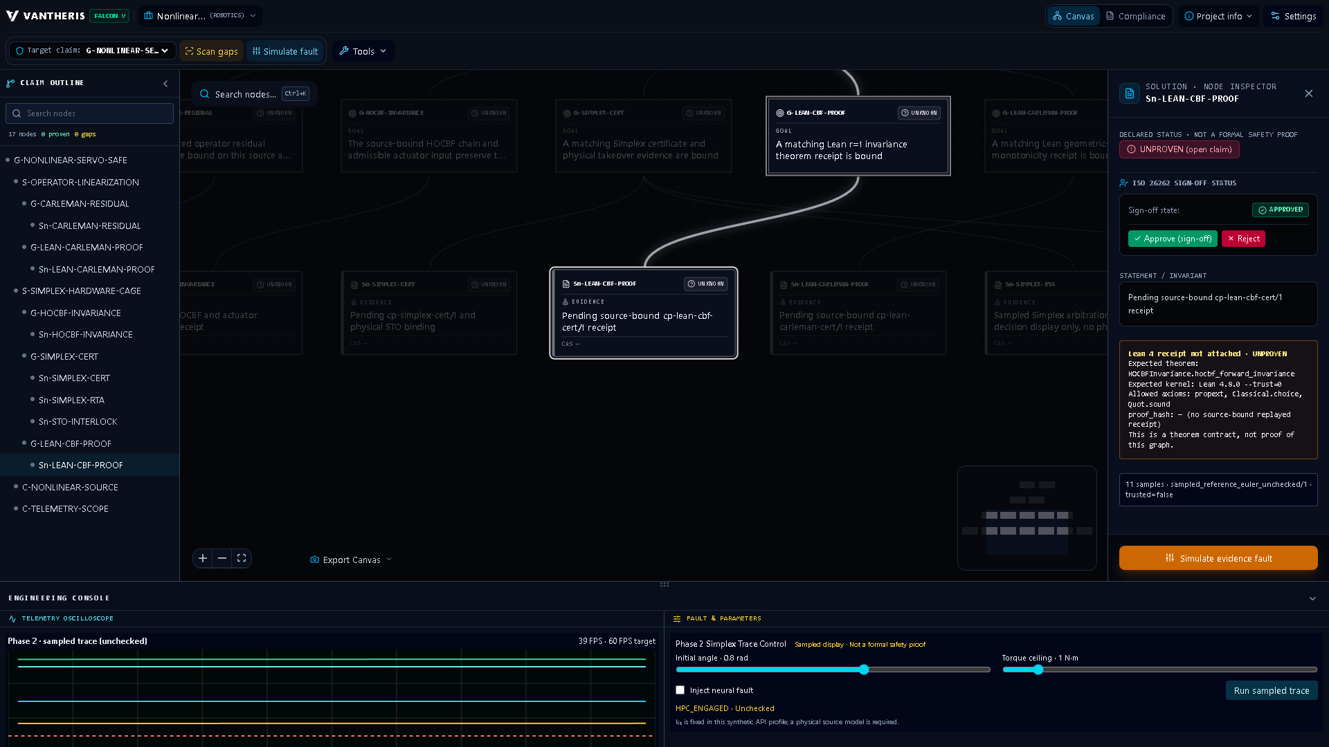 Falcon V Studio docked workbench with outline, claim canvas, inspector and bottom console